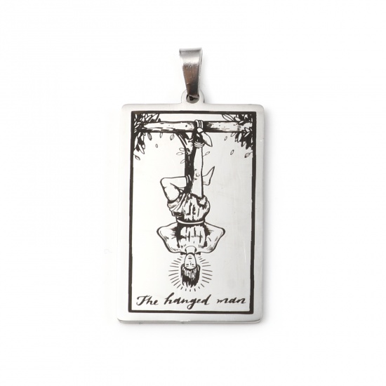 Picture of Stainless Steel Tarot Pendants With Pinch Clip Rectangle Silver Tone Message " THE HANGED MAN " 46mm x 24mm, 1 Piece