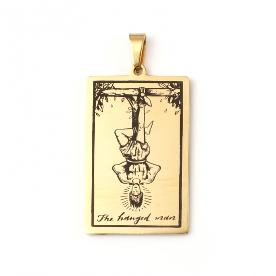 Picture of Stainless Steel Tarot Pendants With Pinch Clip Rectangle Gold Plated Message " THE HANGED MAN " 46mm x 24mm, 1 Piece