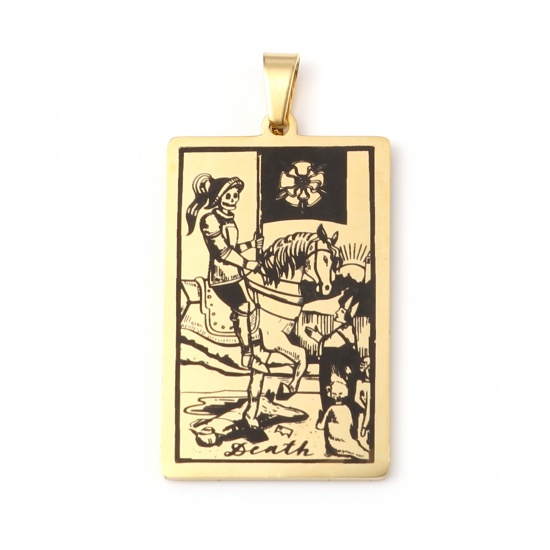 Picture of Stainless Steel Tarot Pendants With Pinch Clip Rectangle Gold Plated Message " DEATH " 46mm x 24mm, 1 Piece