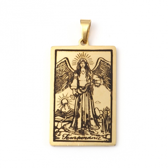 Picture of Stainless Steel Tarot Pendants With Pinch Clip Rectangle Gold Plated Message " TEMPERANCE " 46mm x 24mm, 1 Piece