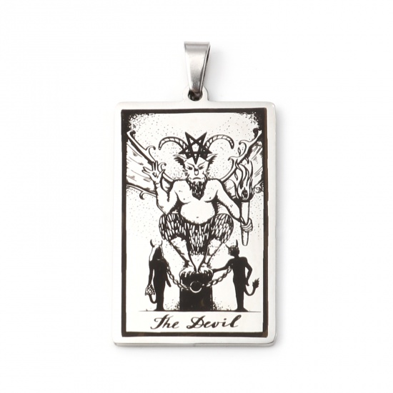 Picture of Stainless Steel Tarot Pendants With Pinch Clip Rectangle Silver Tone Message " THE DEVIL " 46mm x 24mm, 1 Piece