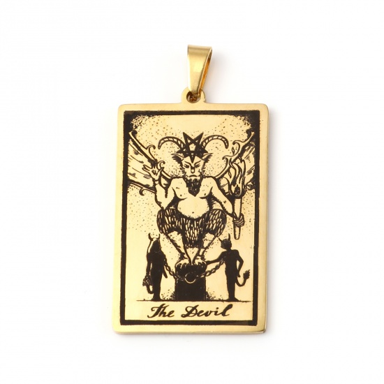 Picture of Stainless Steel Tarot Pendants With Pinch Clip Rectangle Gold Plated Message " THE DEVIL " 46mm x 24mm, 1 Piece