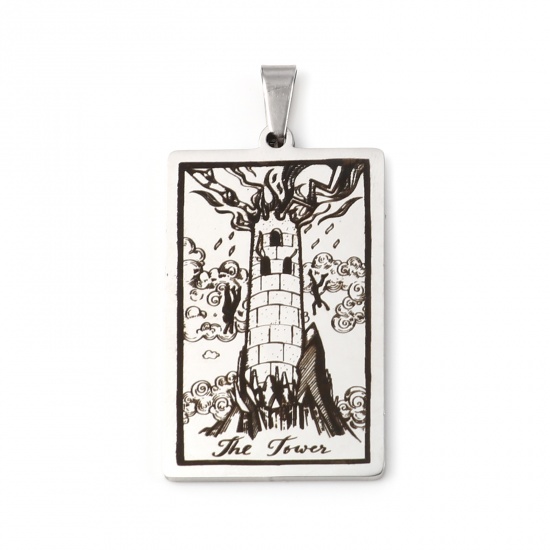 Picture of Stainless Steel Tarot Pendants With Pinch Clip Rectangle Silver Tone Message " THE TOWER " 46mm x 24mm, 1 Piece