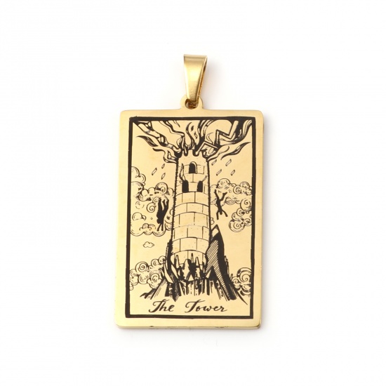Picture of Stainless Steel Tarot Pendants With Pinch Clip Rectangle Gold Plated Message " THE TOWER " 46mm x 24mm, 1 Piece