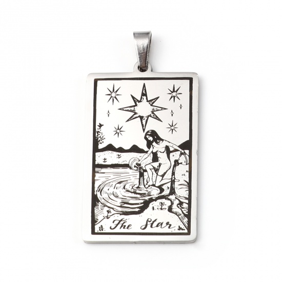 Picture of Stainless Steel Tarot Pendants With Pinch Clip Rectangle Silver Tone Message " THE STAR " 46mm x 24mm, 1 Piece