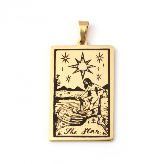 Picture of Stainless Steel Tarot Pendants With Pinch Clip Rectangle Gold Plated Message " THE STAR " 46mm x 24mm, 1 Piece