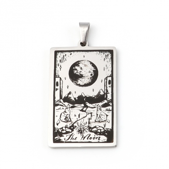 Picture of Stainless Steel Tarot Pendants With Pinch Clip Rectangle Silver Tone Message " THE MOON " 46mm x 24mm, 1 Piece