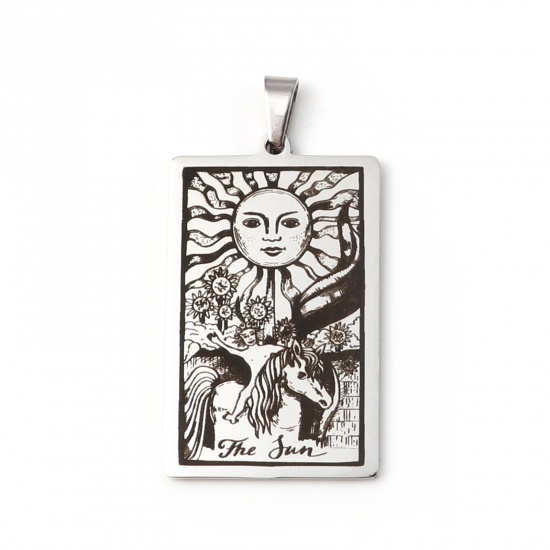 Picture of Stainless Steel Tarot Pendants With Pinch Clip Rectangle Silver Tone Message " THE SUN " 46mm x 24mm, 1 Piece