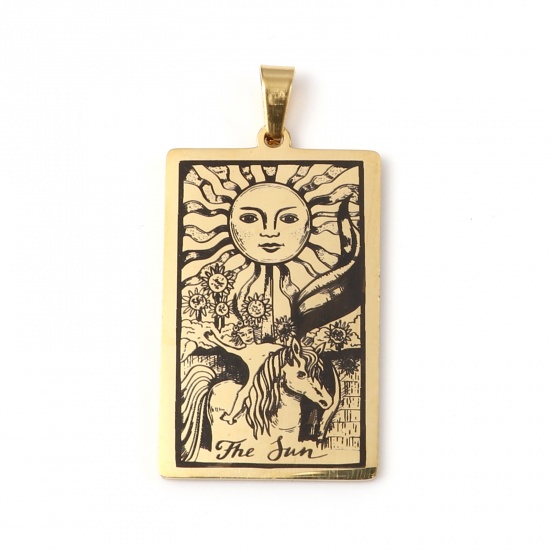 Picture of Stainless Steel Tarot Pendants With Pinch Clip Rectangle Gold Plated Message " THE SUN " 46mm x 24mm, 1 Piece