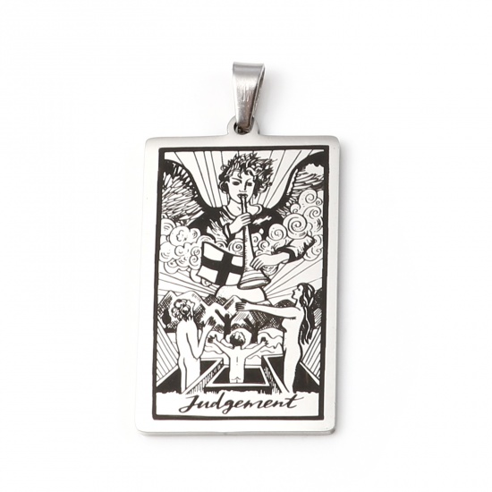 Picture of Stainless Steel Tarot Pendants With Pinch Clip Rectangle Silver Tone Message " JUDGEMENT " 46mm x 24mm, 1 Piece