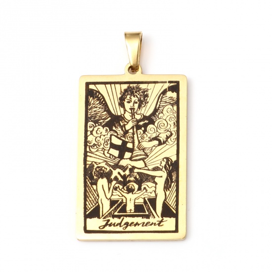 Picture of Stainless Steel Tarot Pendants With Pinch Clip Rectangle Gold Plated Message " JUDGEMENT " 46mm x 24mm, 1 Piece