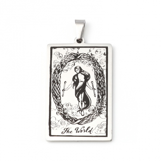 Picture of Stainless Steel Tarot Pendants With Pinch Clip Rectangle Silver Tone Message " THE WORLD " 46mm x 24mm, 1 Piece