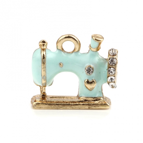 Picture of Zinc Based Alloy Charms Sewing Machine Gold Plated Light Blue Enamel White Rhinestone 16mm x 14mm, 5 PCs