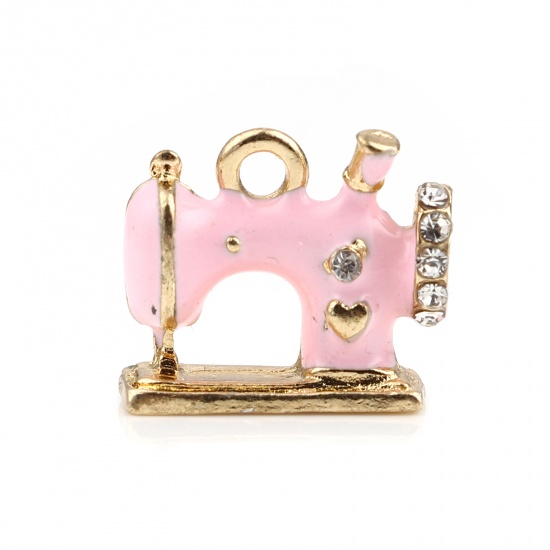 Picture of Zinc Based Alloy Charms Sewing Machine Gold Plated Pink Enamel White Rhinestone 16mm x 14mm, 5 PCs