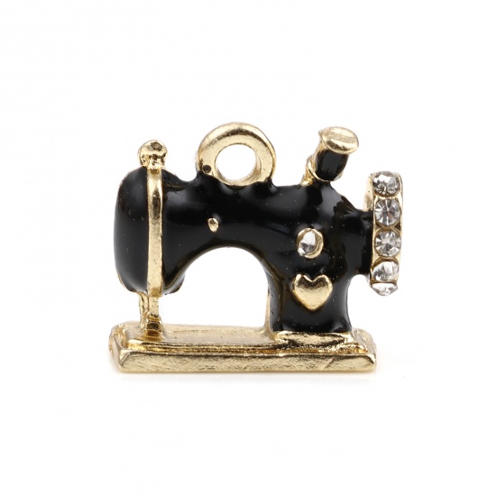 Picture of Zinc Based Alloy Charms Sewing Machine Gold Plated Black Enamel White Rhinestone 16mm x 14mm, 5 PCs
