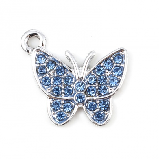 Picture of Zinc Based Alloy Insect Charms Butterfly Animal Silver Tone Micro Pave Blue Rhinestone 17mm x 15mm, 5 PCs