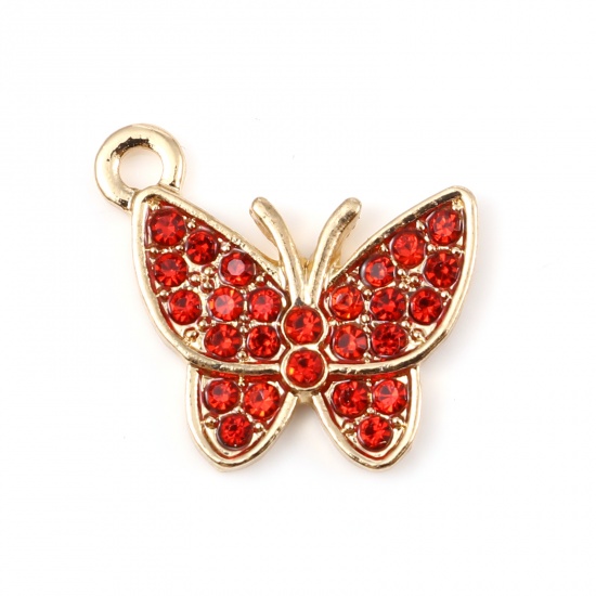 Picture of Zinc Based Alloy Insect Charms Butterfly Animal Gold Plated Micro Pave Red Rhinestone 17mm x 15mm, 5 PCs