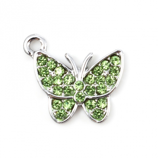 Picture of Zinc Based Alloy Insect Charms Butterfly Animal Silver Tone Micro Pave Green Rhinestone 17mm x 15mm, 5 PCs