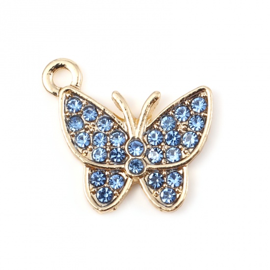 Picture of Zinc Based Alloy Insect Charms Butterfly Animal Gold Plated Micro Pave Blue Rhinestone 17mm x 15mm, 5 PCs