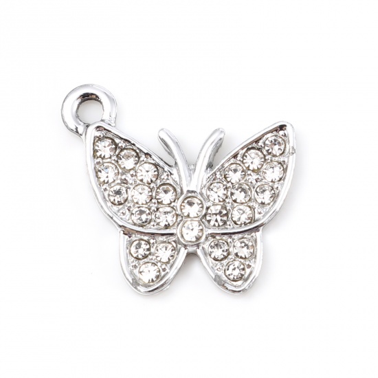 Picture of Zinc Based Alloy Insect Charms Butterfly Animal Silver Tone Micro Pave Clear Rhinestone 17mm x 15mm, 5 PCs