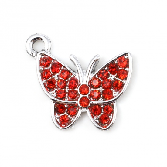 Picture of Zinc Based Alloy Insect Charms Butterfly Animal Silver Tone Micro Pave Red Rhinestone 17mm x 15mm, 5 PCs