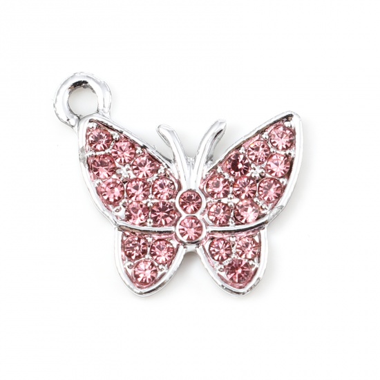 Picture of Zinc Based Alloy Insect Charms Butterfly Animal Silver Tone Micro Pave Pink Rhinestone 17mm x 15mm, 5 PCs
