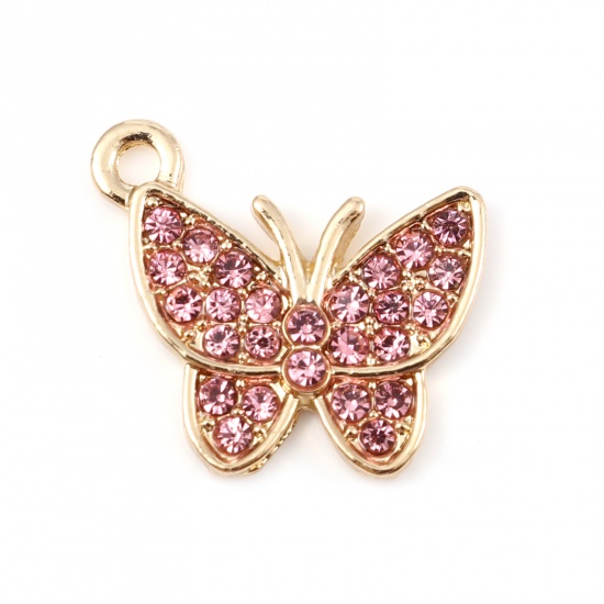 Picture of Zinc Based Alloy Insect Charms Butterfly Animal Gold Plated Micro Pave Pink Rhinestone 17mm x 15mm, 5 PCs
