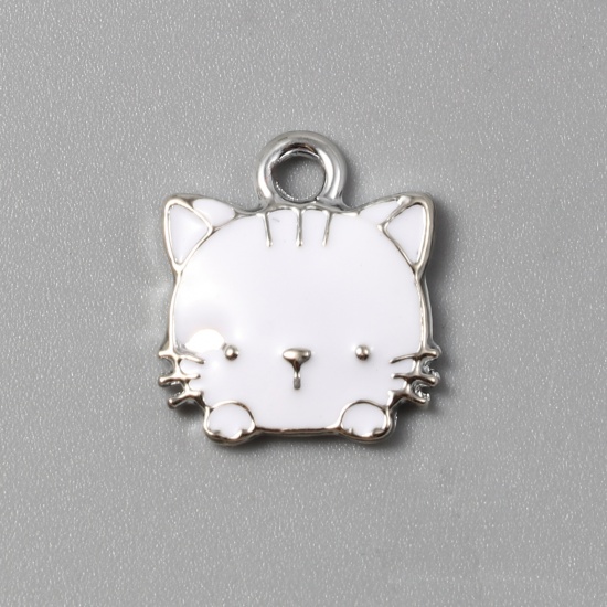 Picture of Zinc Based Alloy Charms Cat Animal Silver Tone White Enamel 15mm x 13mm, 10 PCs