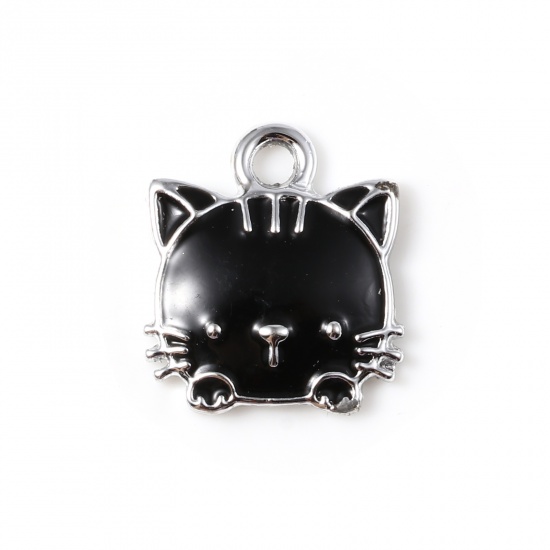 Picture of Zinc Based Alloy Charms Cat Animal Silver Tone Black Enamel 15mm x 13mm, 10 PCs
