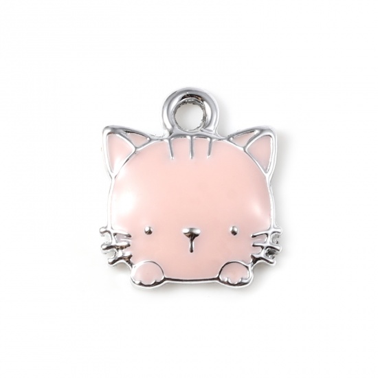 Picture of Zinc Based Alloy Charms Cat Animal Silver Tone Pink Enamel 15mm x 13mm, 10 PCs