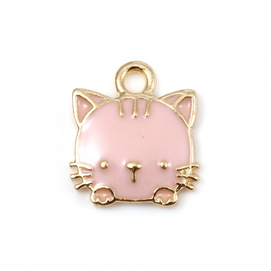 Picture of Zinc Based Alloy Charms Cat Animal Gold Plated Pink Enamel 15mm x 13mm, 10 PCs