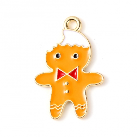Immagine di Lega di Zinco Charms Ginger Bread Man di Natale Oro Placcato Arancione Smalto 24mm x 16mm , 10 Pz