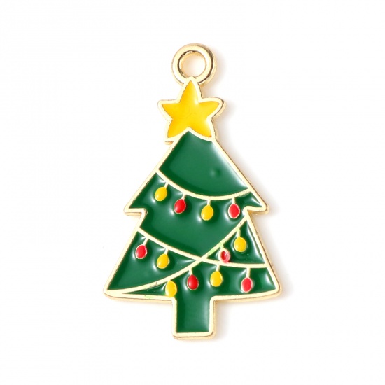 Bild von Zinklegierung Charms Weihnachten Weihnachtsbaum Vergoldet Grün & Gelb Emaille 27mm x 16mm, 10 Stück