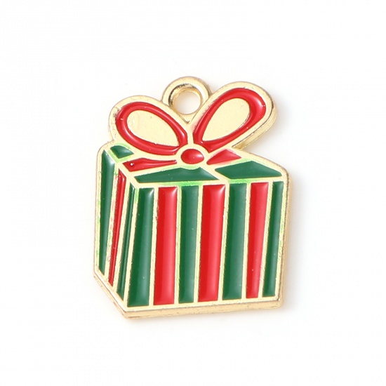 Bild von Zinklegierung Charms Weihnachten Geschenkbox Vergoldet Rot & Grün Emaille 19mm x 15mm, 10 Stück