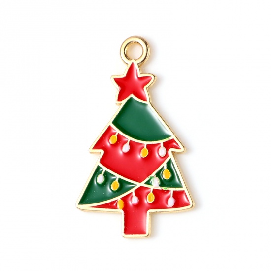 Bild von Zinklegierung Charms Weihnachten Weihnachtsbaum Vergoldet Rot & Grün Emaille 27mm x 16mm, 10 Stück