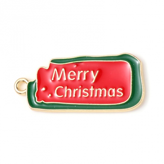 Bild von Zinklegierung Charms Rechteck Vergoldet Rot & Grün Message " Merry Christmas " Emaille 28mm x 13mm, 10 Stück