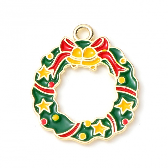 Immagine di Lega di Zinco Charms Corona di Natale Oro Placcato Verde & Giallo Smalto 23mm x 20mm , 10 Pz