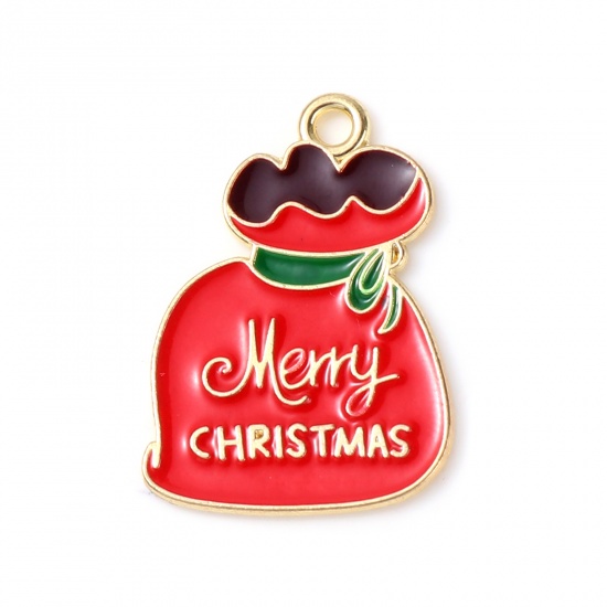 Immagine di Lega di Zinco Charms Natale Sacchetto di Regalo Oro Placcato Rosso Smalto 24mm x 18mm , 10 Pz