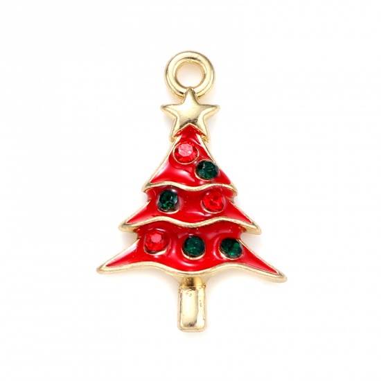 Bild von Zinklegierung Charms Weihnachten Weihnachtsbaum Vergoldet Rot & Grün Strass Emaille 23mm x 15mm, 5 Stück