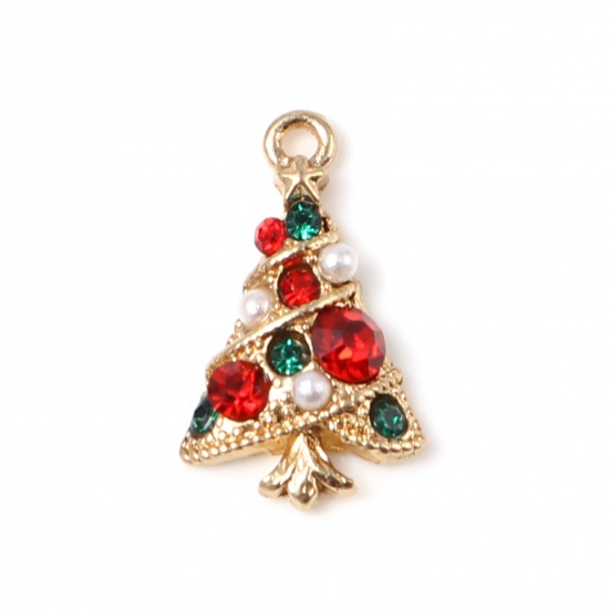 Bild von Zinklegierung & Acryl Charms Weihnachten Weihnachtsbaum Vergoldet Weiß Rot & Grün Strass Imitat Perle 21mm x 12mm, 5 Stück