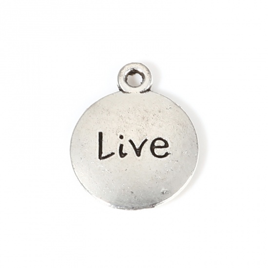 Picture of Zinc Based Alloy Positive Quotes Energy Charms Round Antique Silver Color Message " Live " 17mm x 14mm, 50 PCs