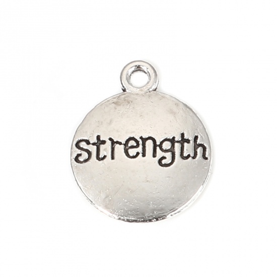 Picture of Zinc Based Alloy Positive Quotes Energy Charms Round Antique Silver Color Message " STRENGTH " 17mm x 14mm, 50 PCs