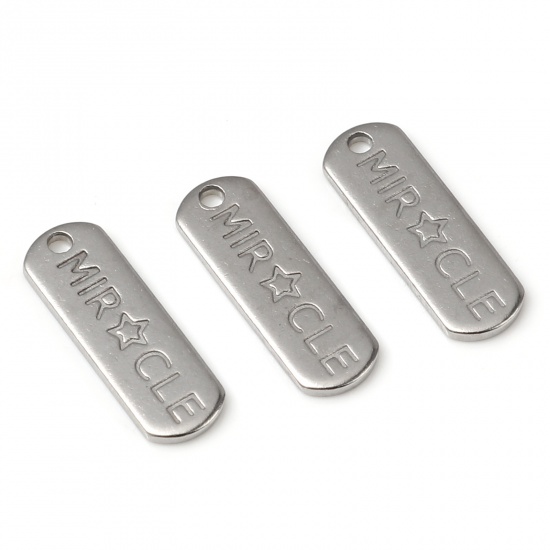 Picture of Stainless Steel Charms Strip Silver Tone Message " MIRCLE " 17mm x 6mm, 5 PCs