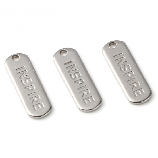 Picture of Stainless Steel Charms Strip Silver Tone Message " Inspire " 17mm x 6mm, 5 PCs