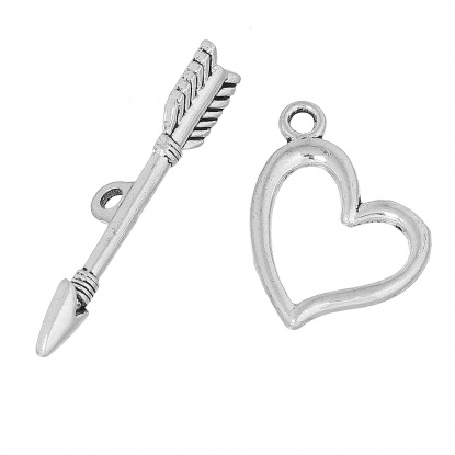 Picture of Zinc Based Alloy Toggle Clasps Arrow Through Heart Antique Silver 36mm x 7mm 21mm x 20mm, 50 Sets