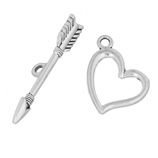 Picture of Zinc Based Alloy Toggle Clasps Arrow Through Heart Antique Silver 36mm x 7mm 21mm x 20mm, 50 Sets