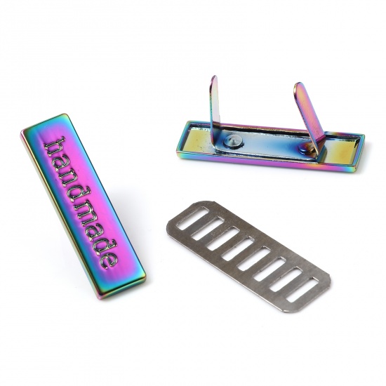 Bild von Etikettenanhänger aus Zinklegierung Taschenzubehör Rechteck Schwarz Multicolor " Handmade " Emaille 36 mm x 10 mm 35 mm x 12 mm , 5 Sets ( 2 Stück / Set)