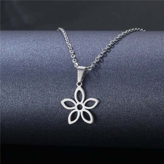 Picture of 304 Stainless Steel Link Cable Chain Findings Necklace Silver Tone Flower 45cm(17 6/8") long, 1 Piece