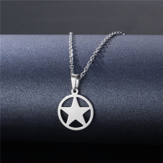 Picture of 304 Stainless Steel Link Cable Chain Findings Necklace Silver Tone Round Pentagram Star 45cm(17 6/8") long, 1 Piece