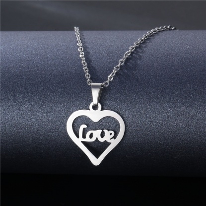 Imagen de 304 Acero Inoxidable día de San Valentín Cable Cadena Cruz Accesorios Collares Tono de Plata Corazón " Amor " 45cm longitud, 1 Unidad